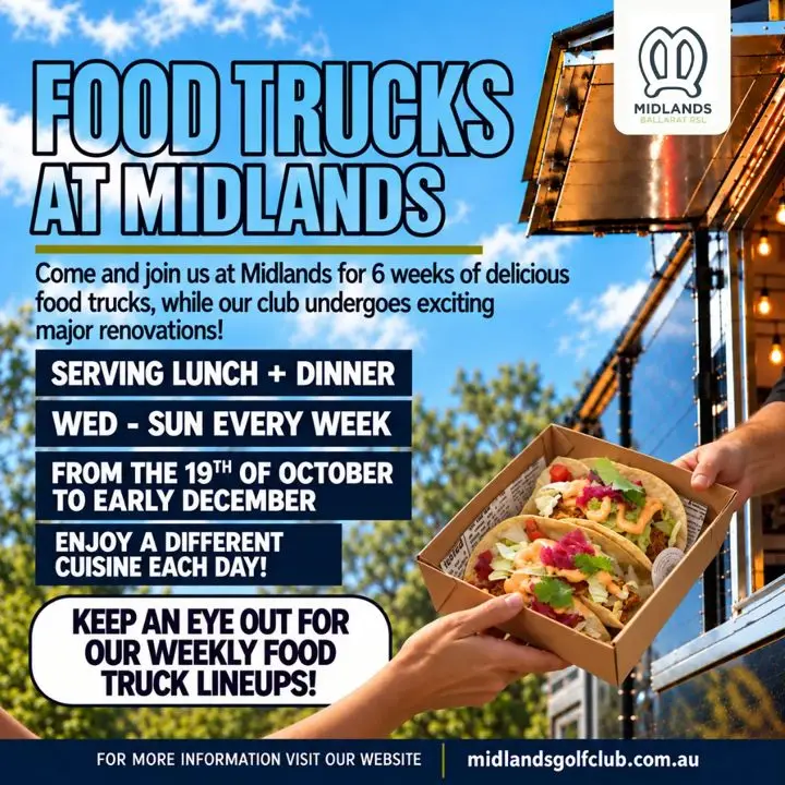 Food trucks at Midlands, with a boxed meal and details of lunch and dinner service.